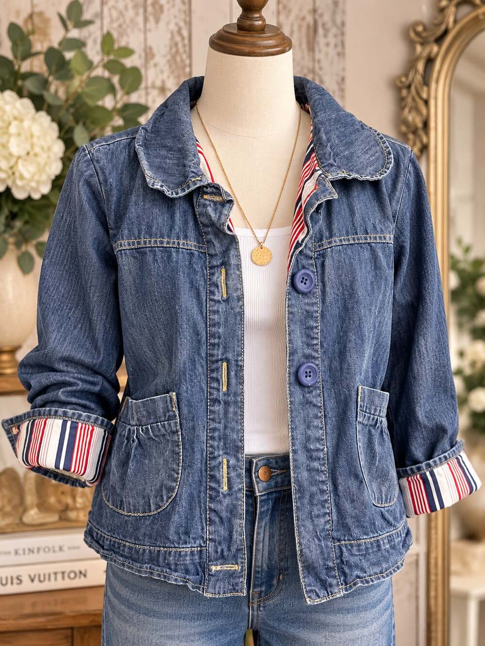 twentyone Vintage Blue Denim Jacket with Red and White Striped Lining and Cuffs